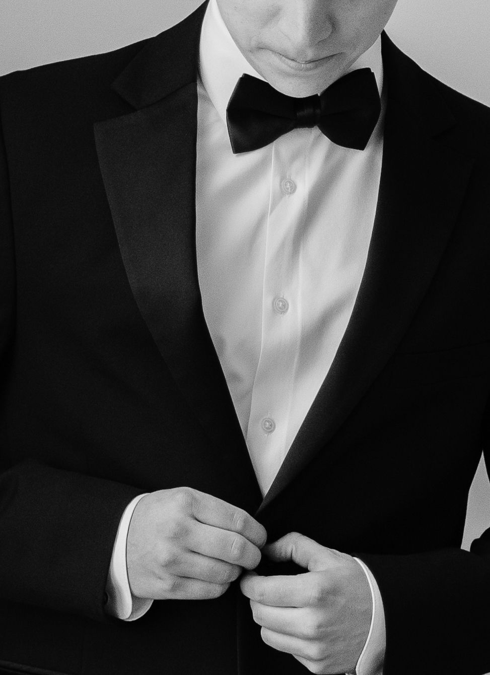 Black and white closeup shots show details of formal attire including bow ties and tuxedo jackets.