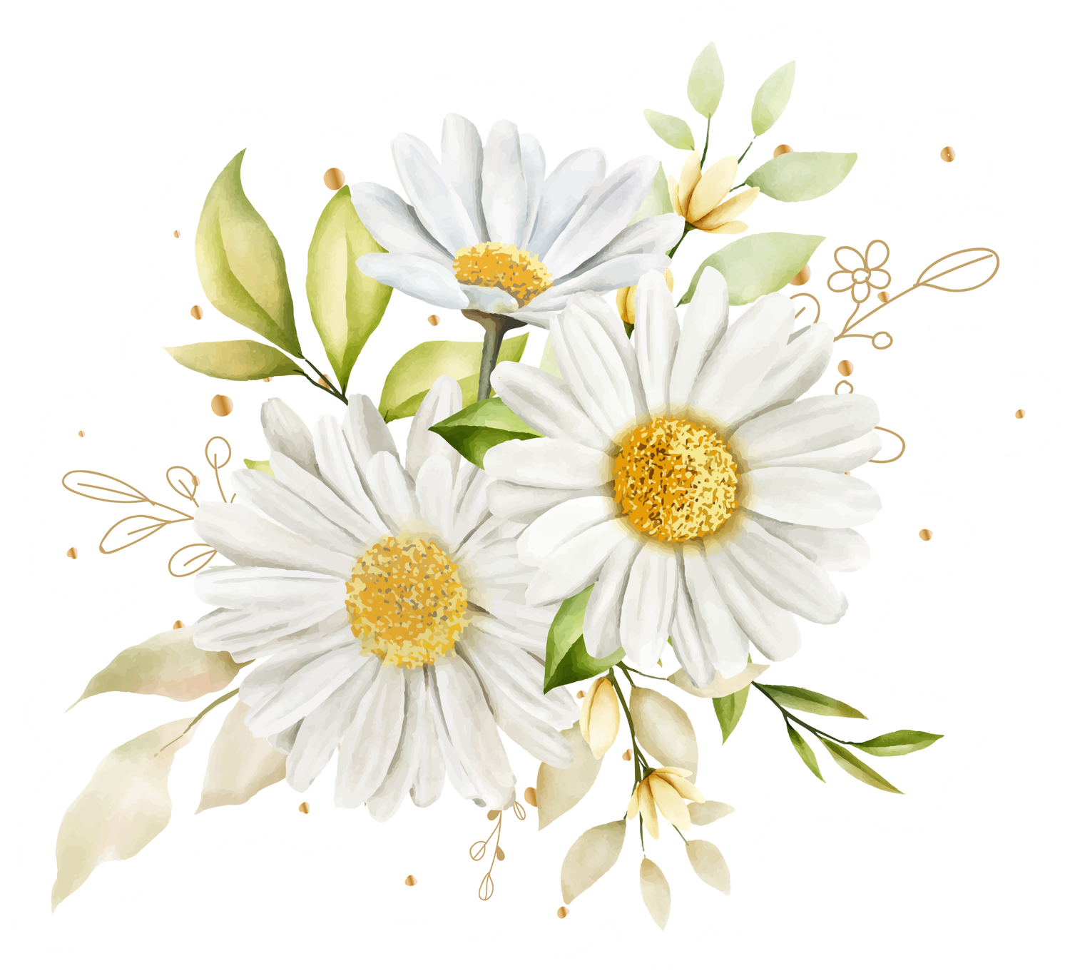 Watercolor daisy chain illustration with white flowers and green leaves on white background.