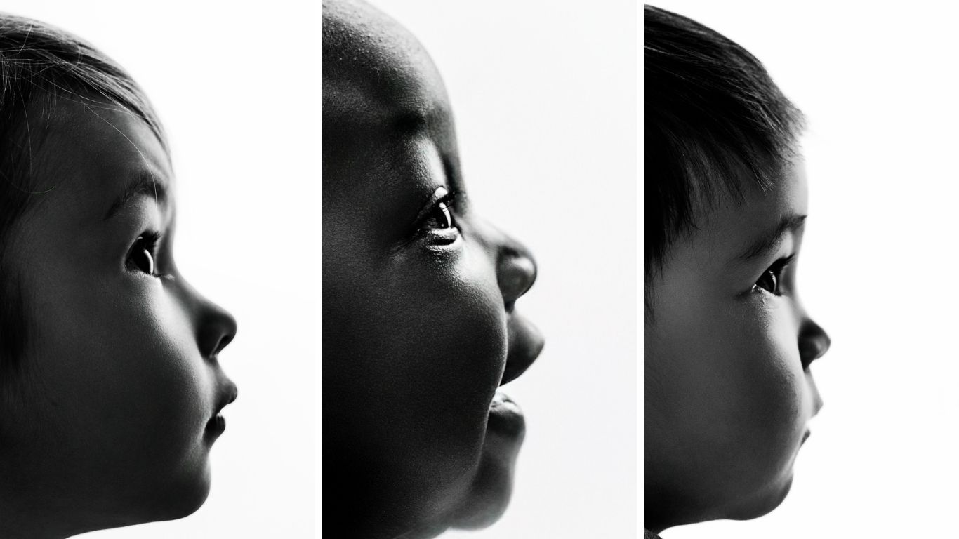 Artistic triptych of black and white profile portraits showing childhood expressions.