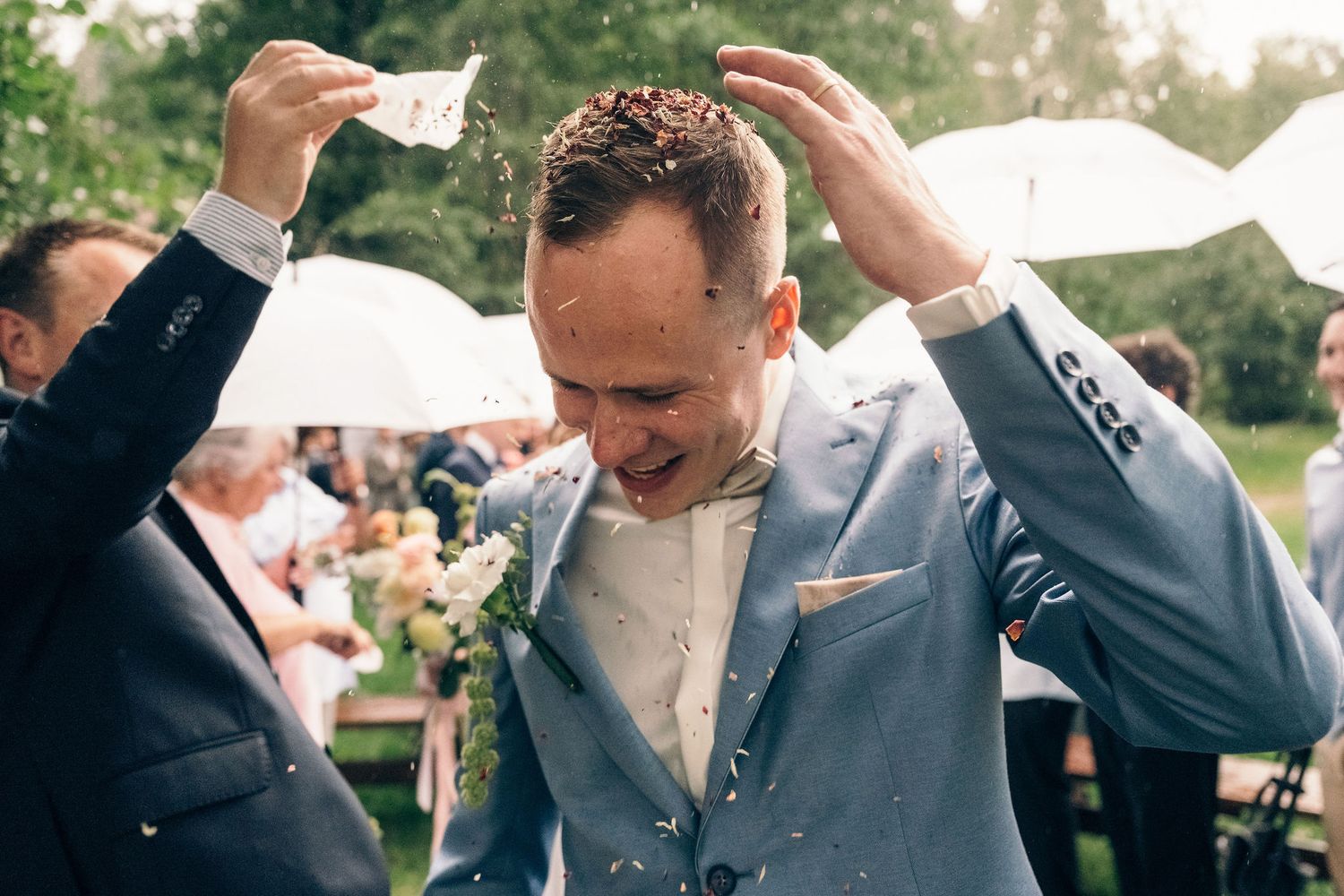 Joyful wedding celebration moments captured in a garden setting.