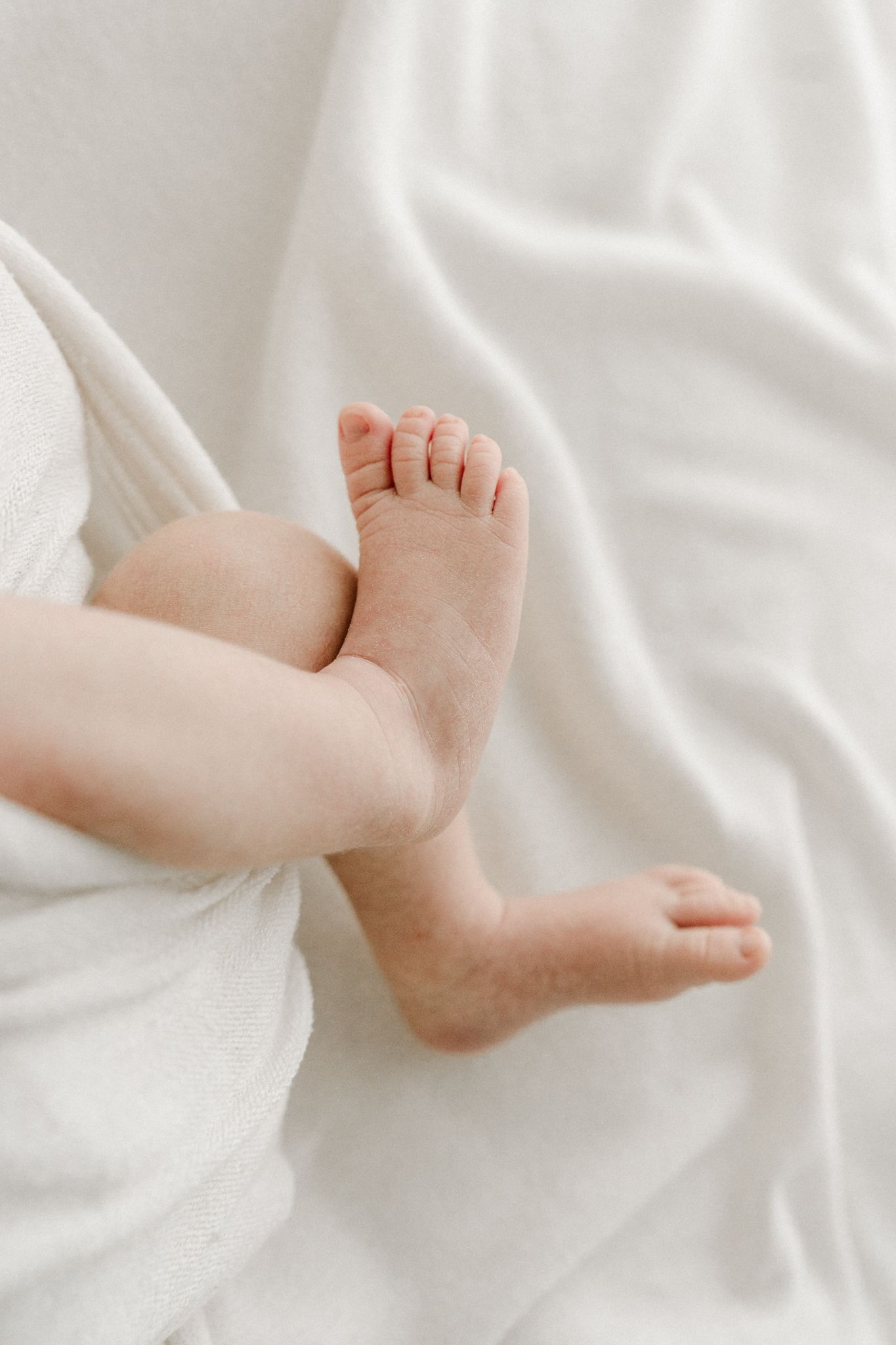 Close-up of tiny newborn baby feet and legs resting on soft white blanket.