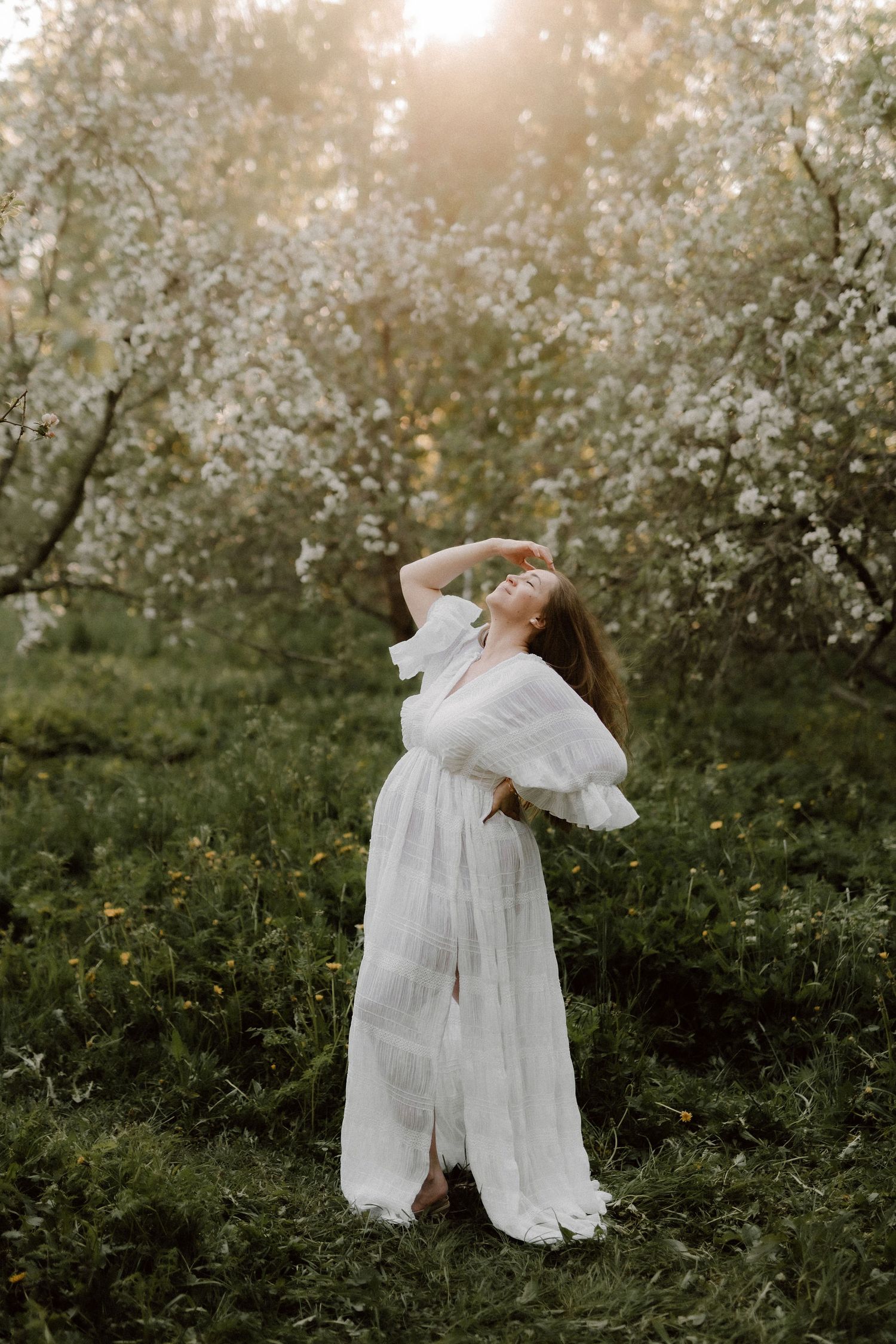 Pregnant woman in flowing white dress posing gracefully among blooming apple trees in golden sunset light.