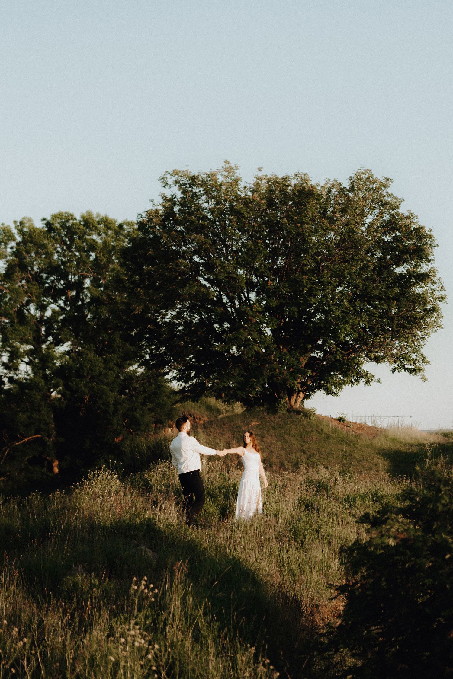 Couple holding hands in a sunlit meadow with a large green tree backdrop during golden hour.
