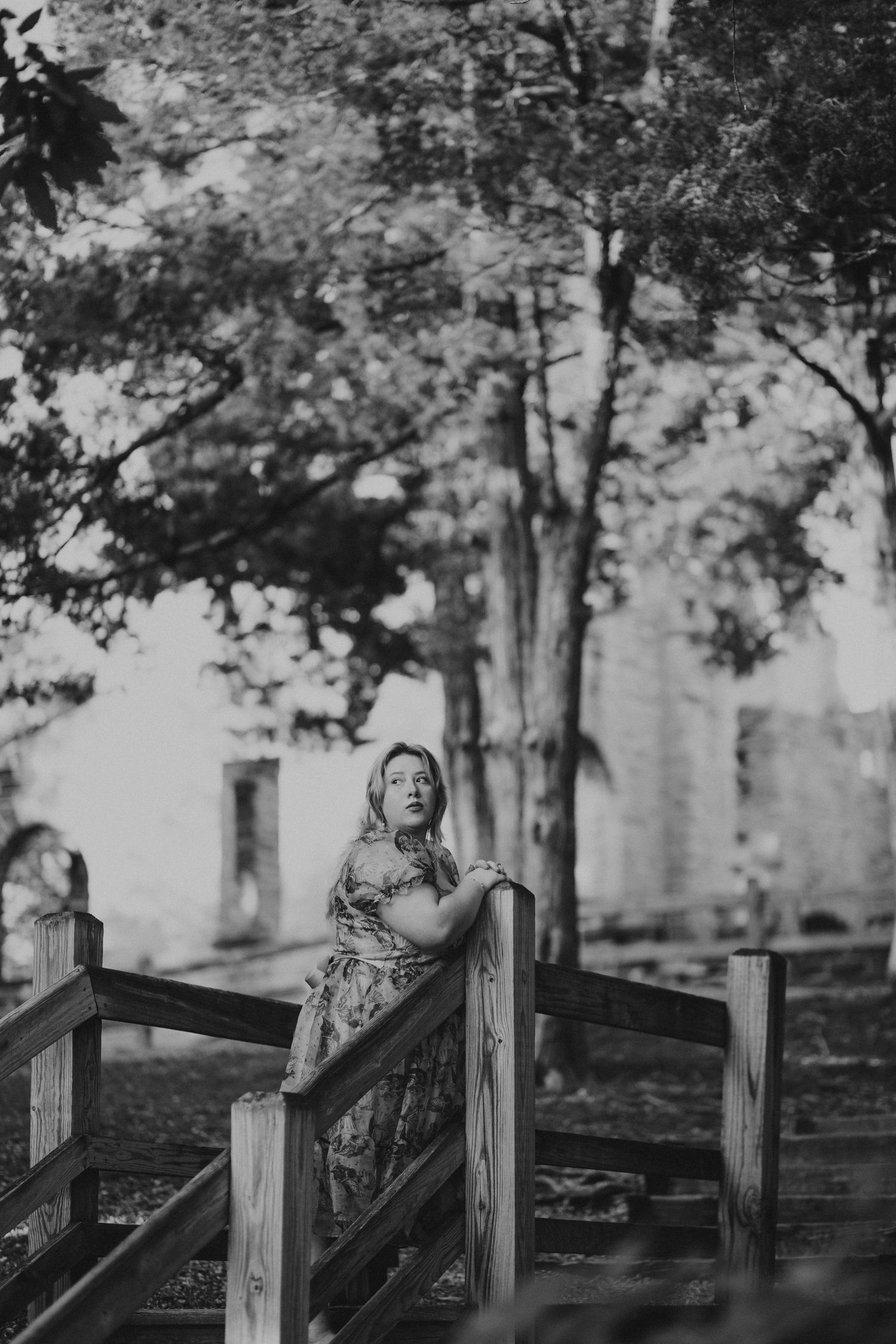 woman walking up stairs at Ha Ha Tonka castle