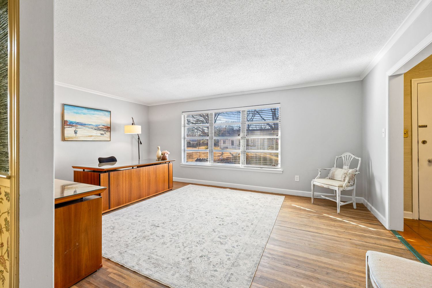 Bright living room with hardwood floors, white walls, built-in wood cabinets, and a large window with mountain views.
