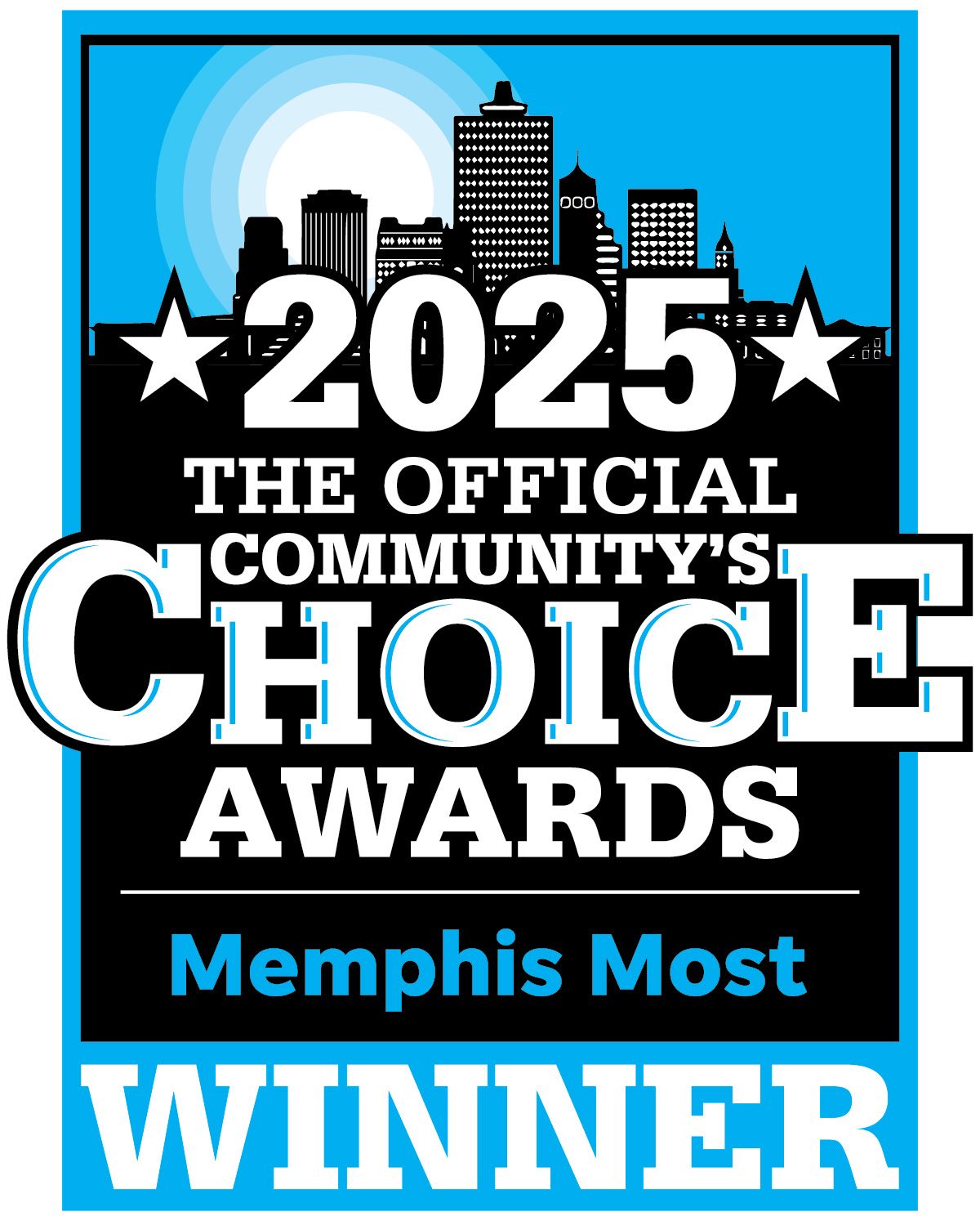Blue and white award banner for Memphis Most Community's Choice Winner 2025.