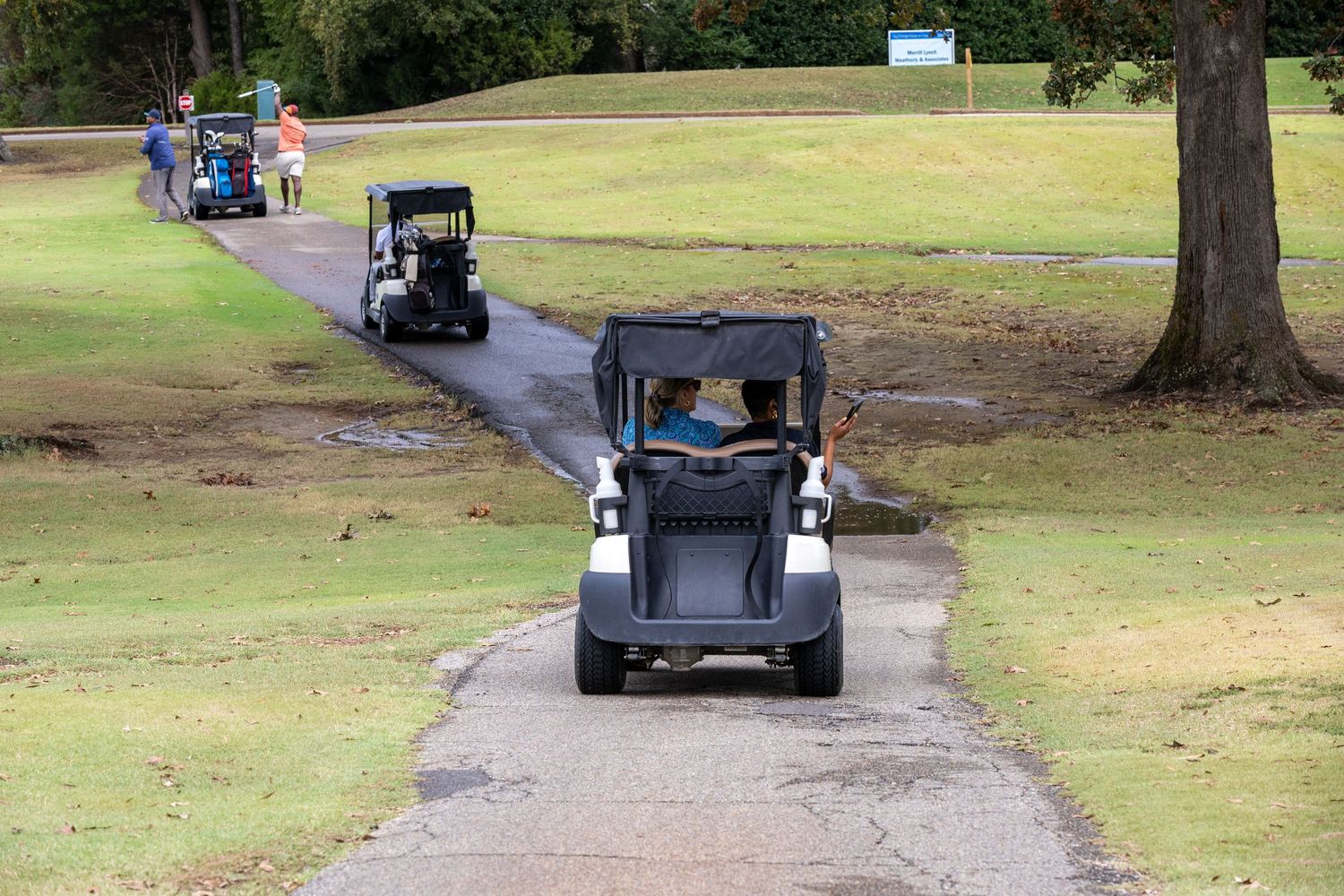 Golf carts driving along a winding path on a grassy golf course.