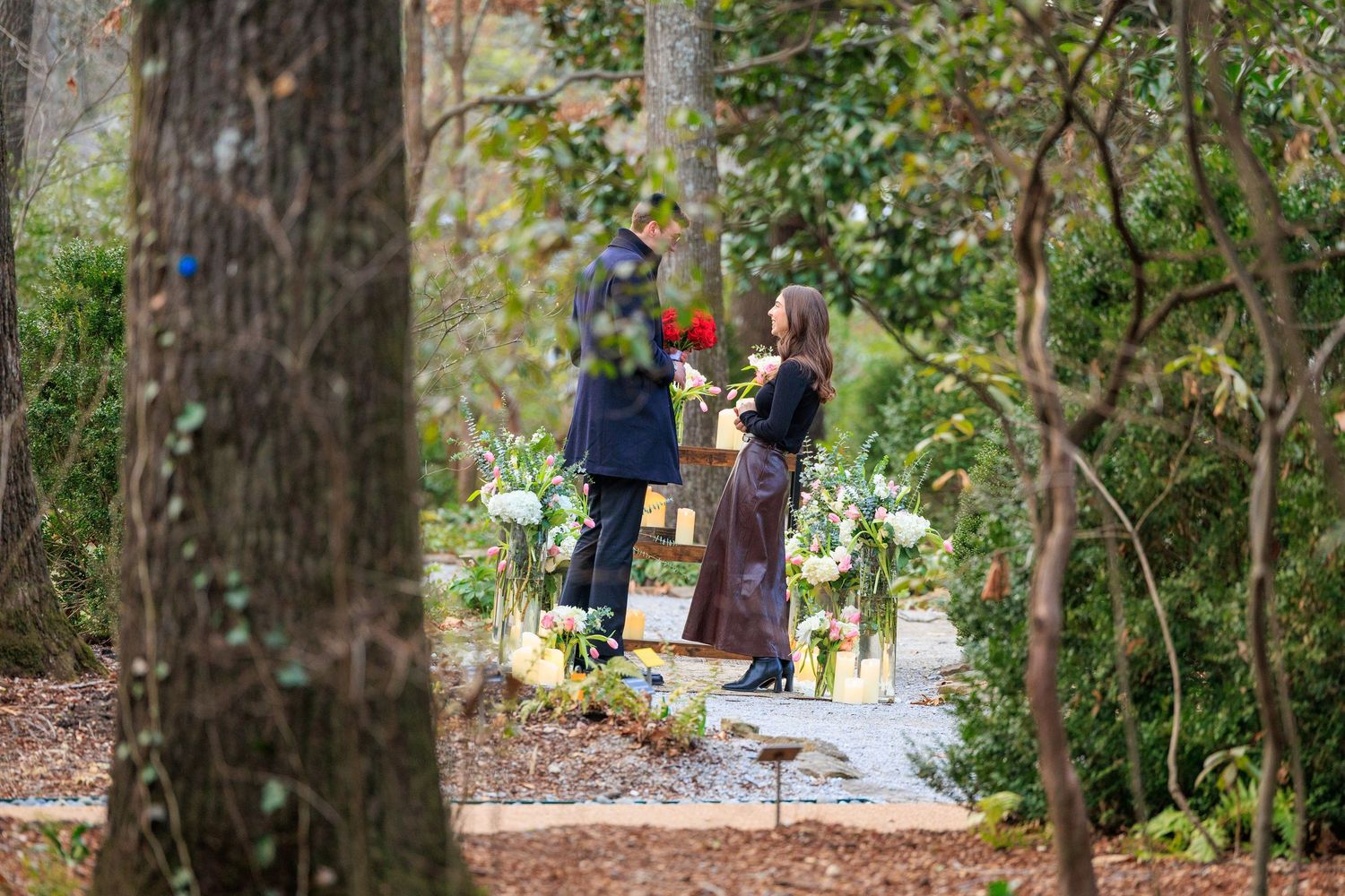 A scenic forest trail with people walking through a wooded area on a sunny day.