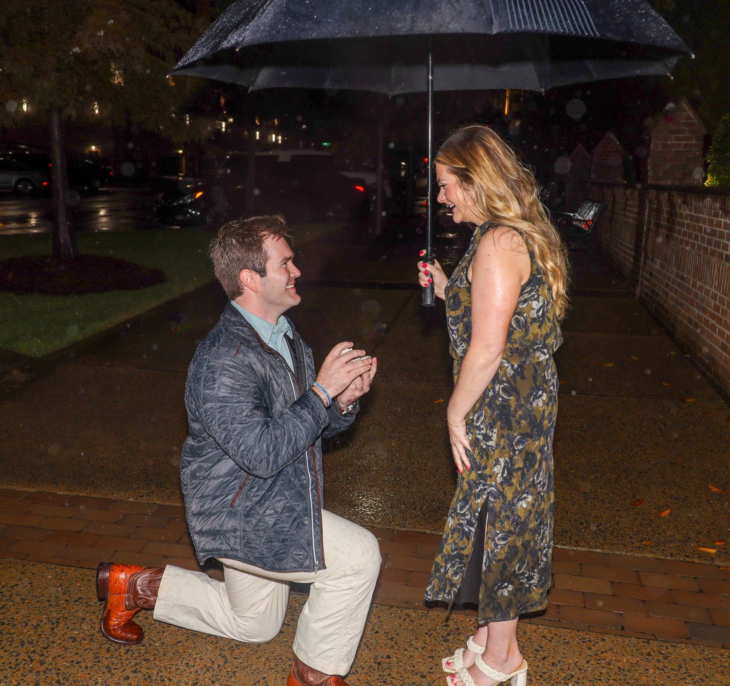Sequence of proposal photos showing couple under black umbrella at night.