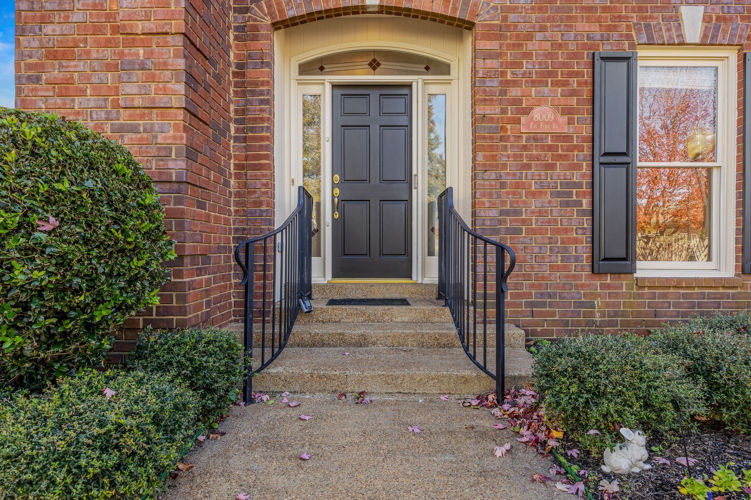 A series of brick townhouse entryways with black doors and stone steps showcasing elegant architectural details.