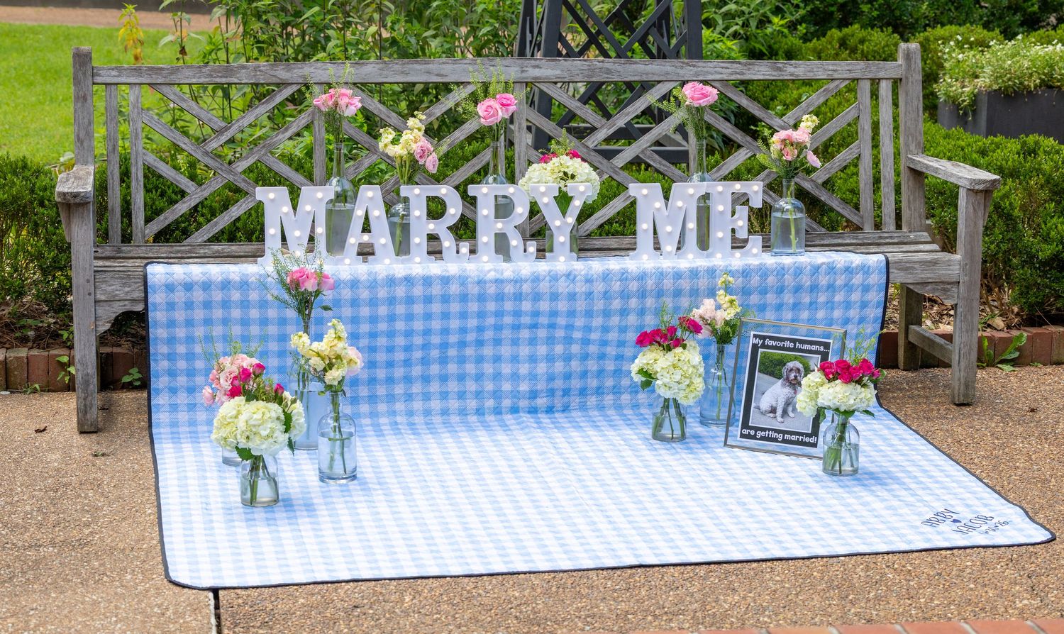 Romantic outdoor marriage proposal setup with MARRY ME letters on a wooden bench with flowers and blue gingham blanket.