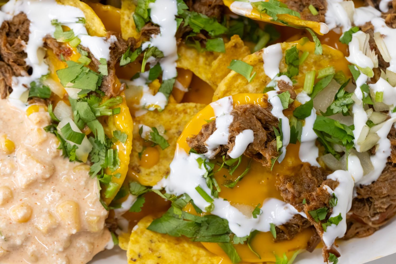 Loaded nachos topped with pulled beef, melted cheese, sour cream, and fresh cilantro served with refried beans.
