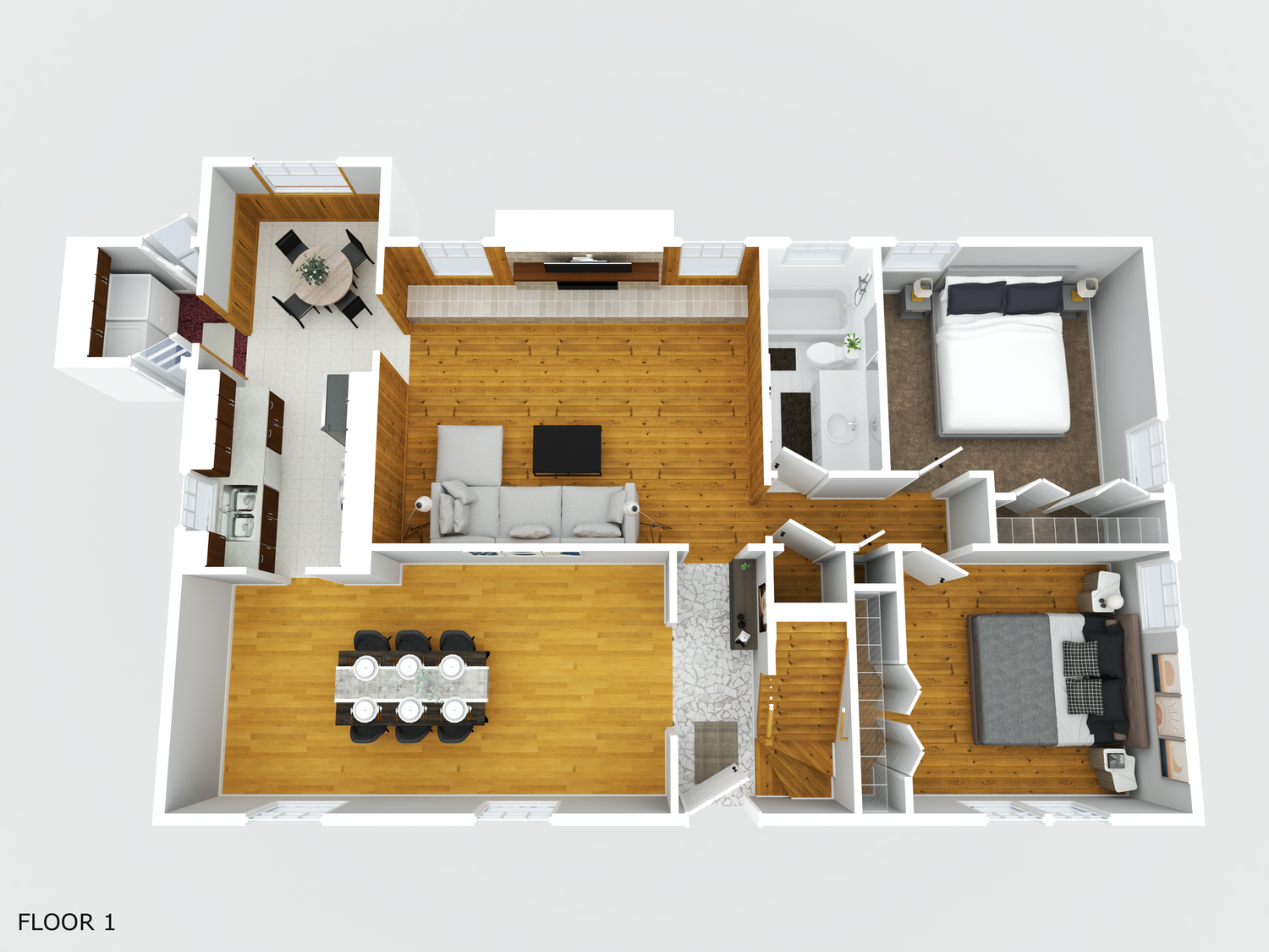 3D rendered floor plan showing modern home layout with wooden floors and white walls.