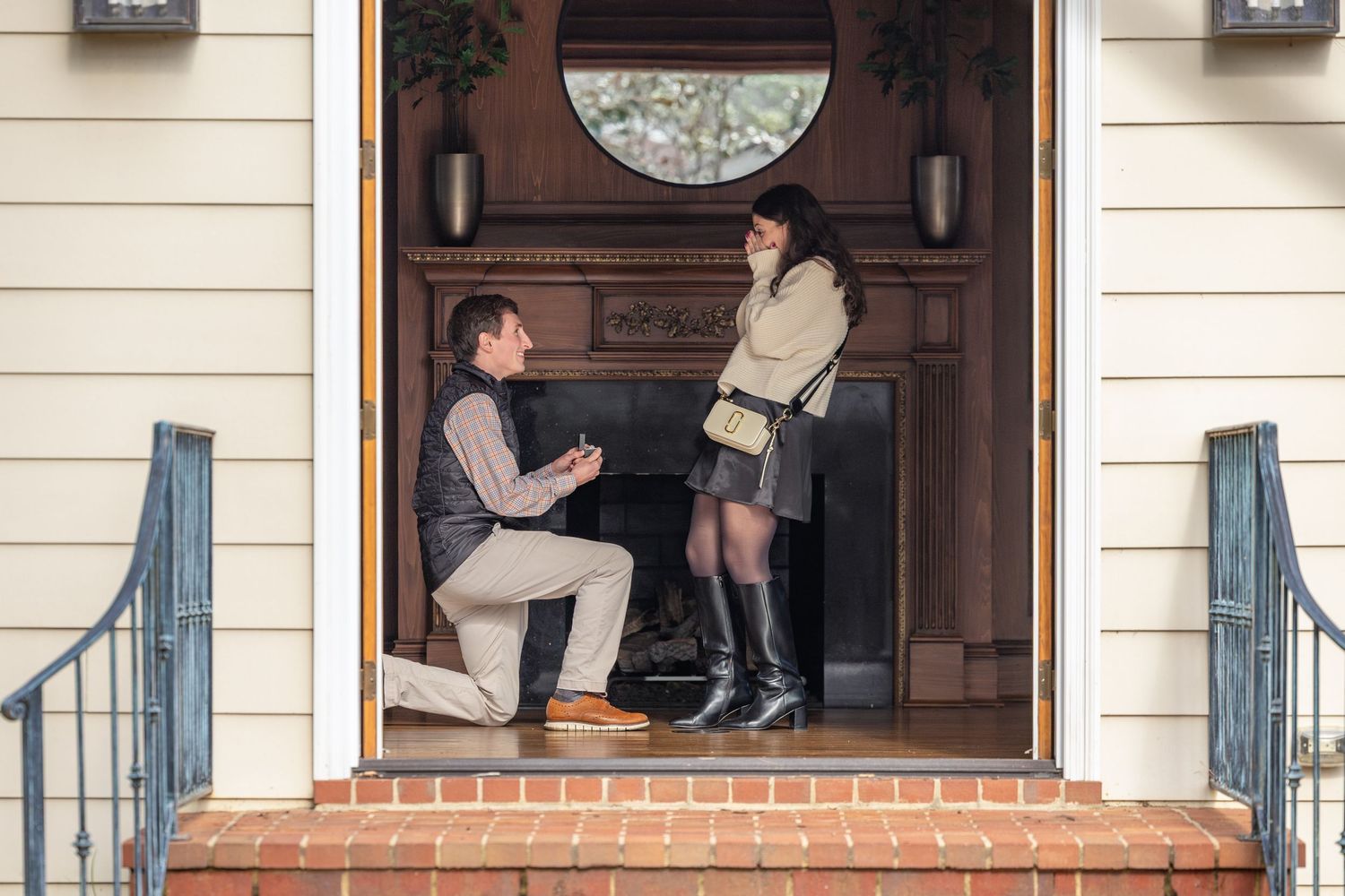 A sequence of photos showing someone opening a front door and carrying items into a house.