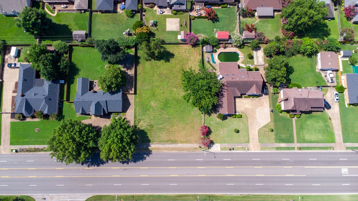 Aerial view of suburban neighborhood with green lawns, houses, and trees along a residential street.