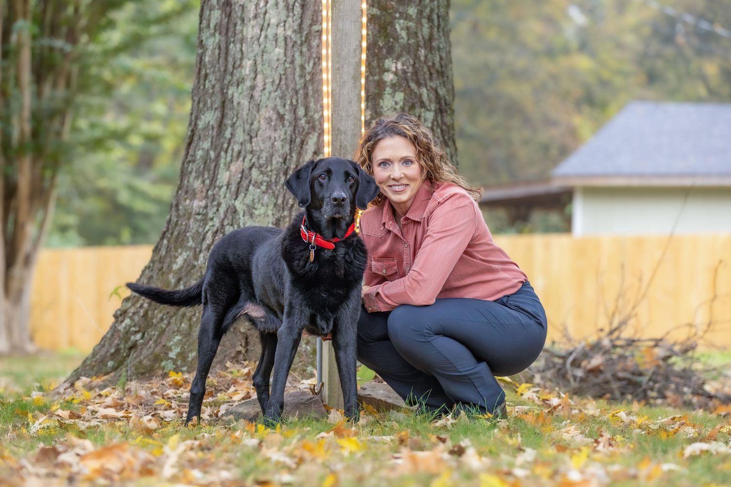 Black dog and person sitting together in autumn leaves on grass during a sunny day.