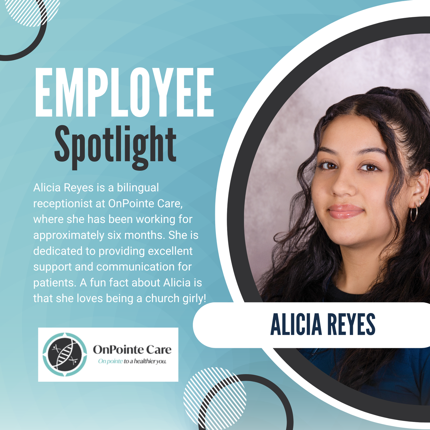 Employee spotlight banner featuring a professional headshot and text overlay highlighting achievements and background.