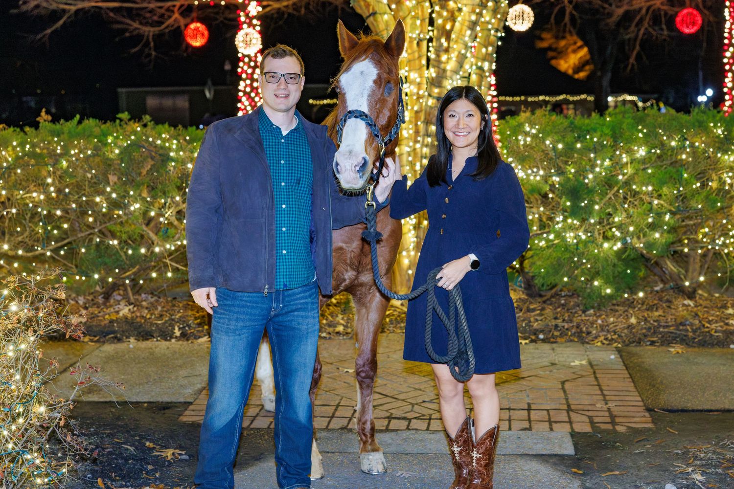 Festive outdoor holiday display with colorful lights illuminating a path at night.
