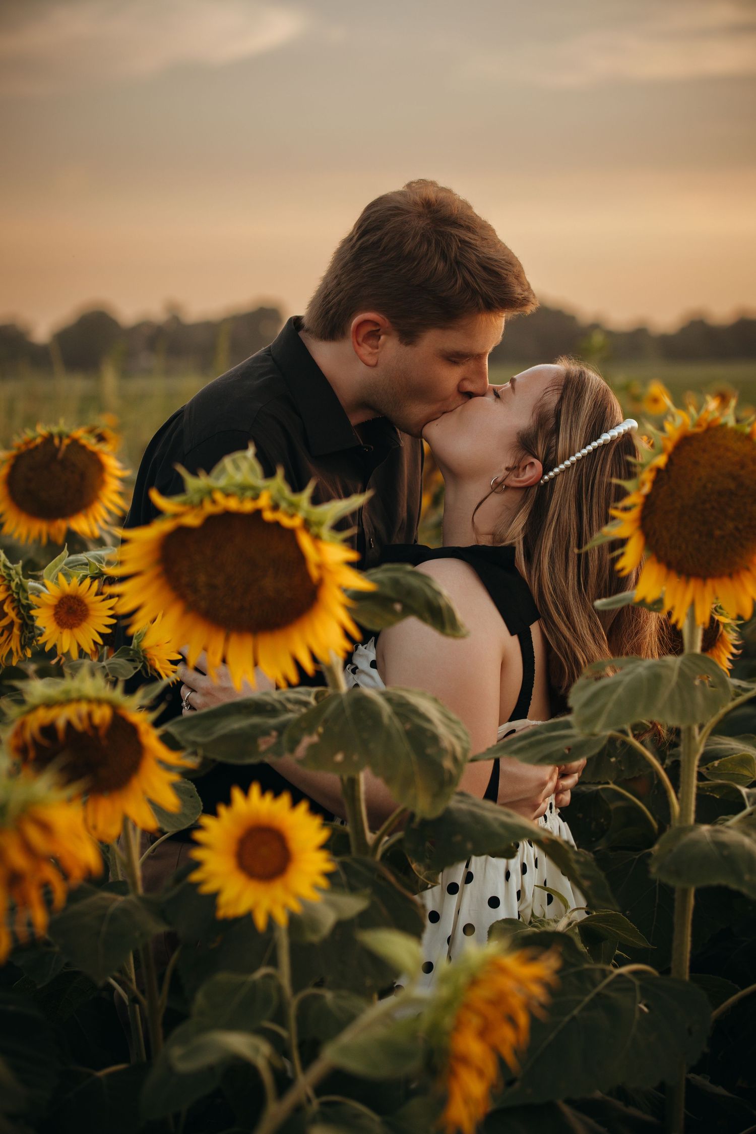 Romantic sunset kiss among blooming sunflowers.