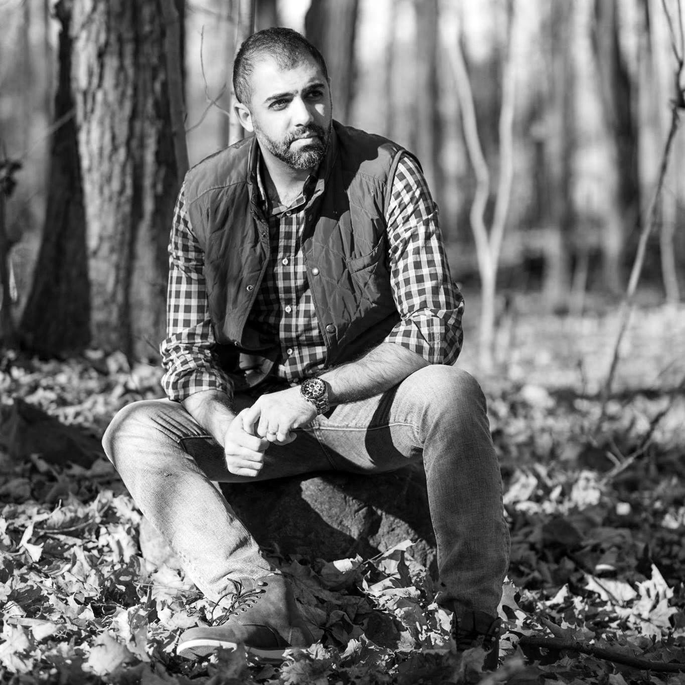 Black and white photo sequence showing someone in plaid shirt collecting items from forest floor. Montreal, Canada.