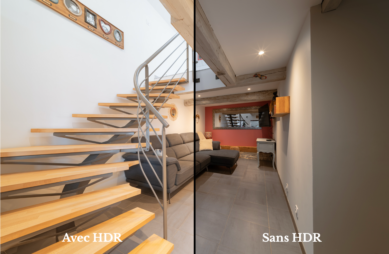 Comparatif avant/après technique HDR : valorisation d'un salon sombre par Corentin Desroches, photographe immobilier