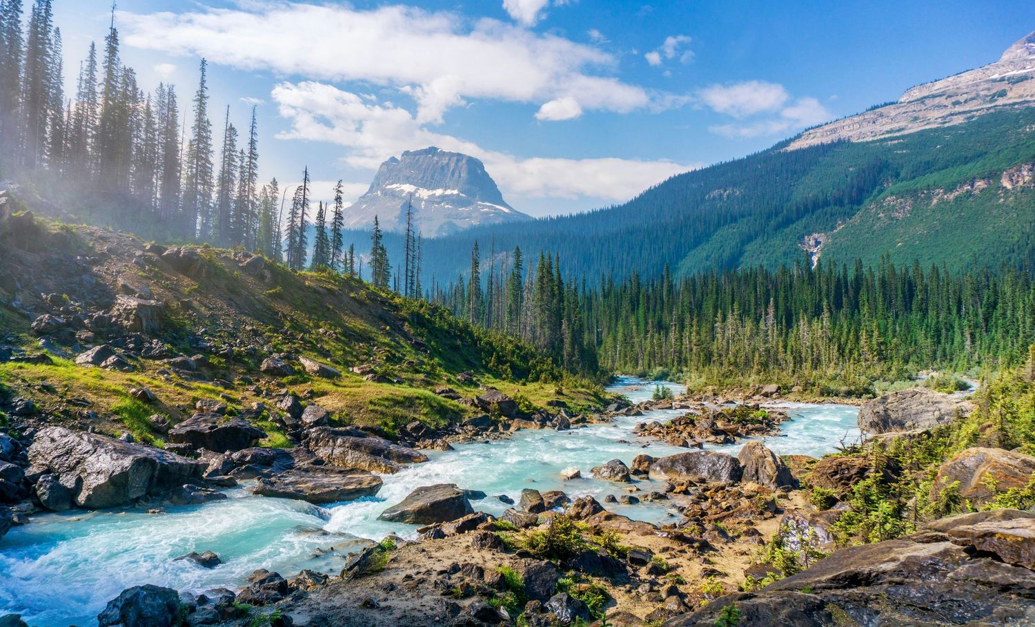 Panoramic mountain landscape with evergreen forests, snow-capped peaks, and winding river under blue skies.