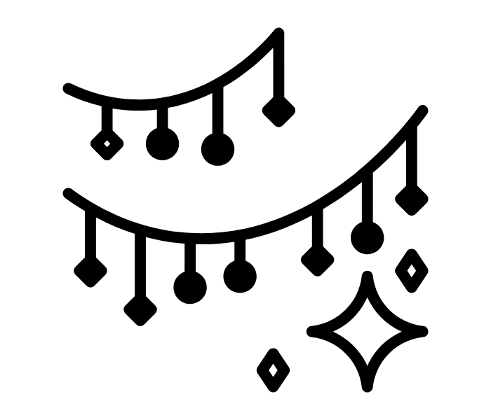 The image depicts a decorative pattern of curved lines with hanging ornaments, suggesting a stylized garland or festive decoration.