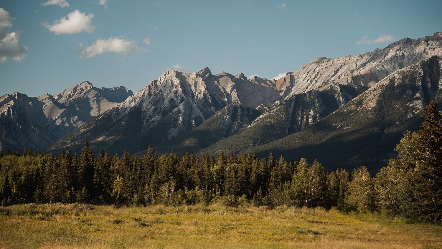 Dramatic mountain landscape with jagged peaks and evergreen forests under a blue sky.