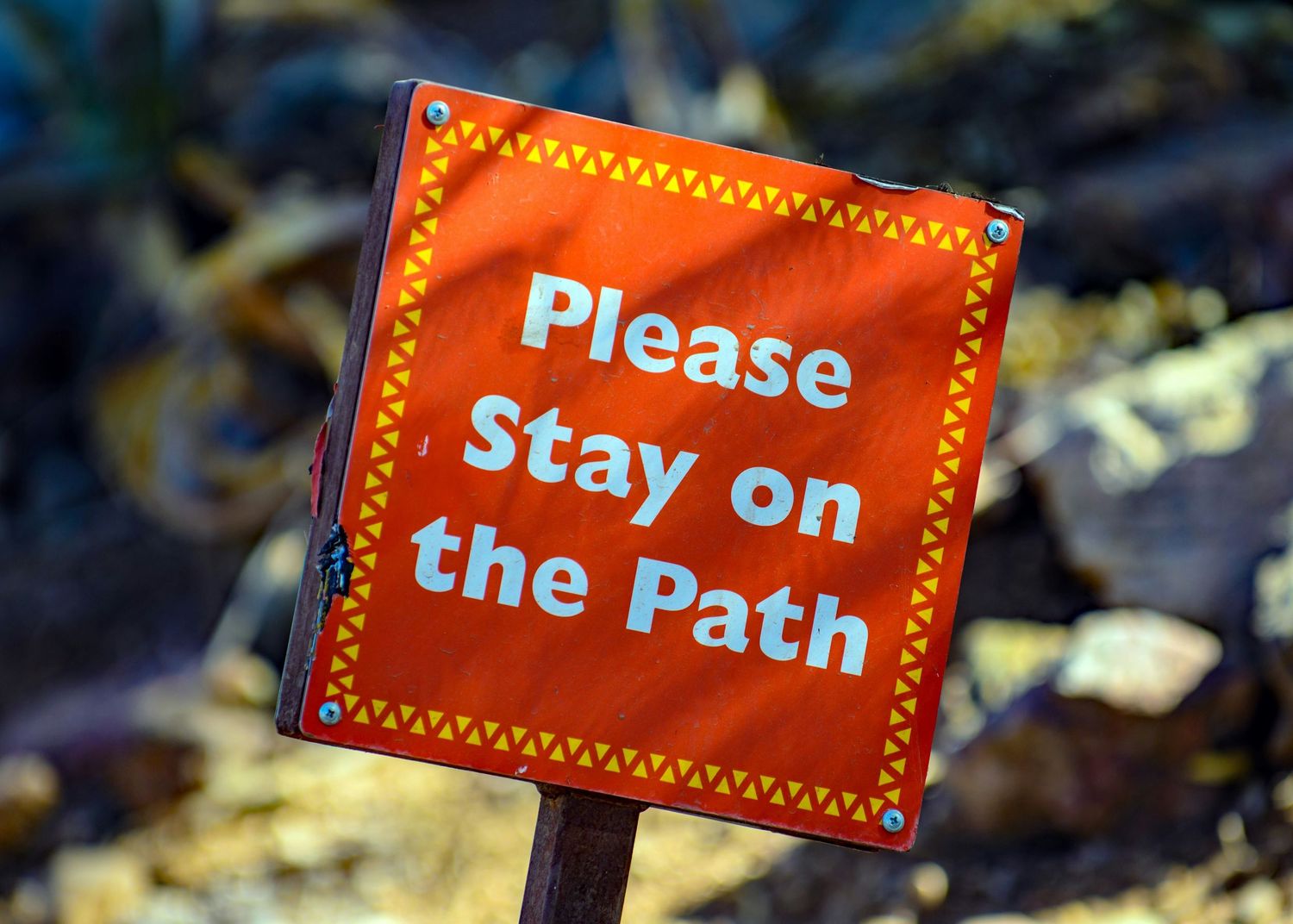 An orange sign with the text 'Please stay on the path' is displayed on a trail in a natural setting.
