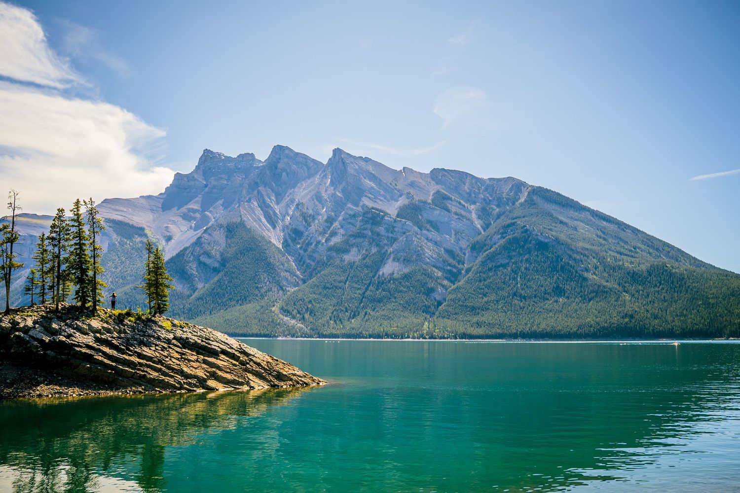 Panoramic view of Lake Minnewanka with turquoise waters surrounded by majestic Rocky Mountains in Banff National Park.