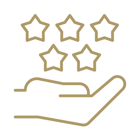 Hand holding a five-star rating symbol with golden stars floating above against a white background.
