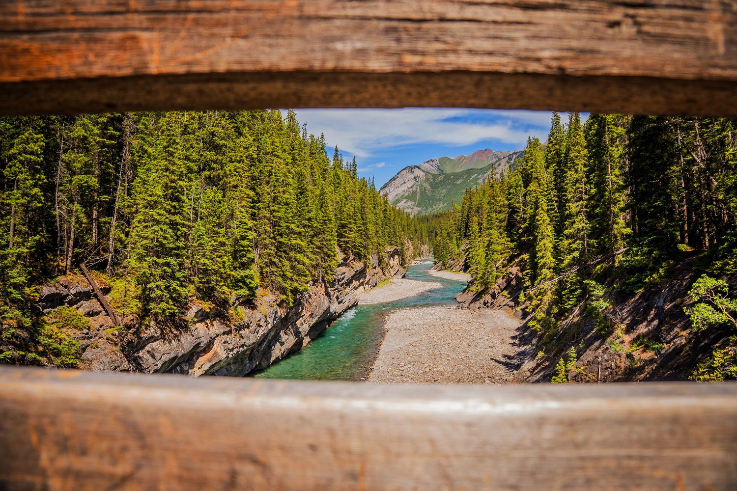 Mountain landscape framed through wooden fence posts with winding path and evergreen forest.