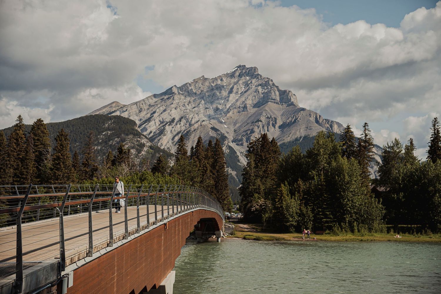A scenic collage of mountain landscapes with bridges and turquoise lakes in Banff National Park, Alberta.