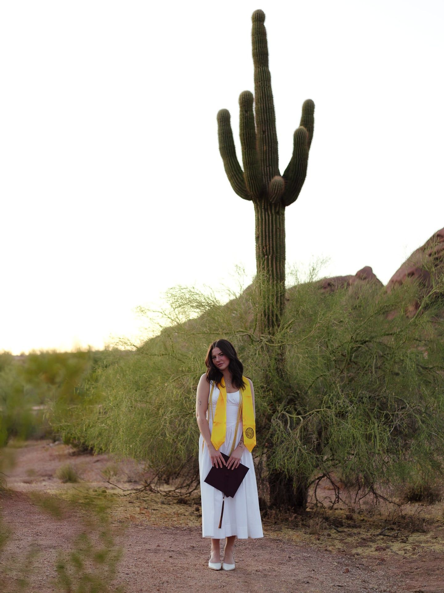 Arizona college graduation photoshoot in desert at sunset with cap and gown portrait photography