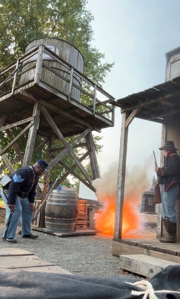A sequence of images showing a pottery kiln firing process with bright orange flames visible through the wooden structure.