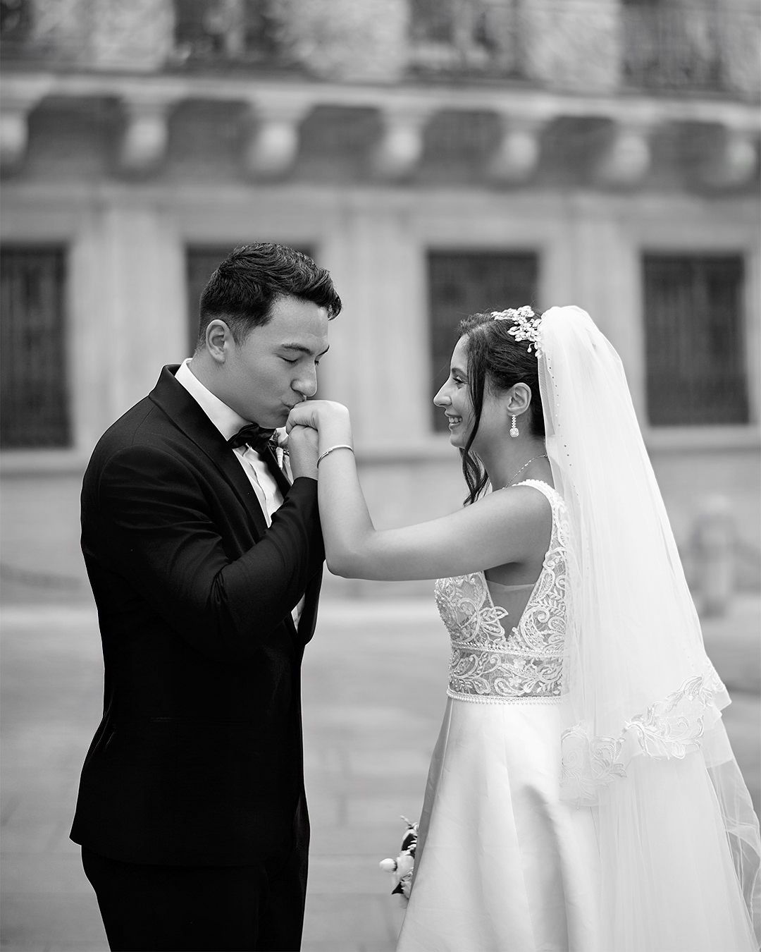 A romantic black and white wedding photo sequence showing tender moments between a bride and groom.