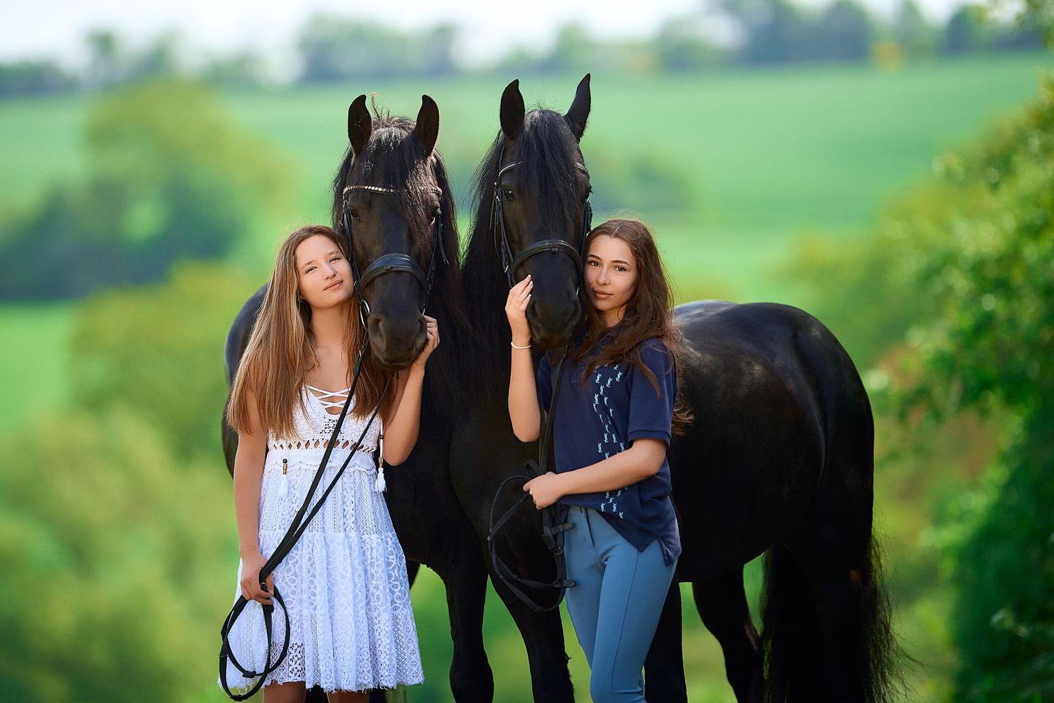 Two dark horses and their handlers stand together in a green meadow.