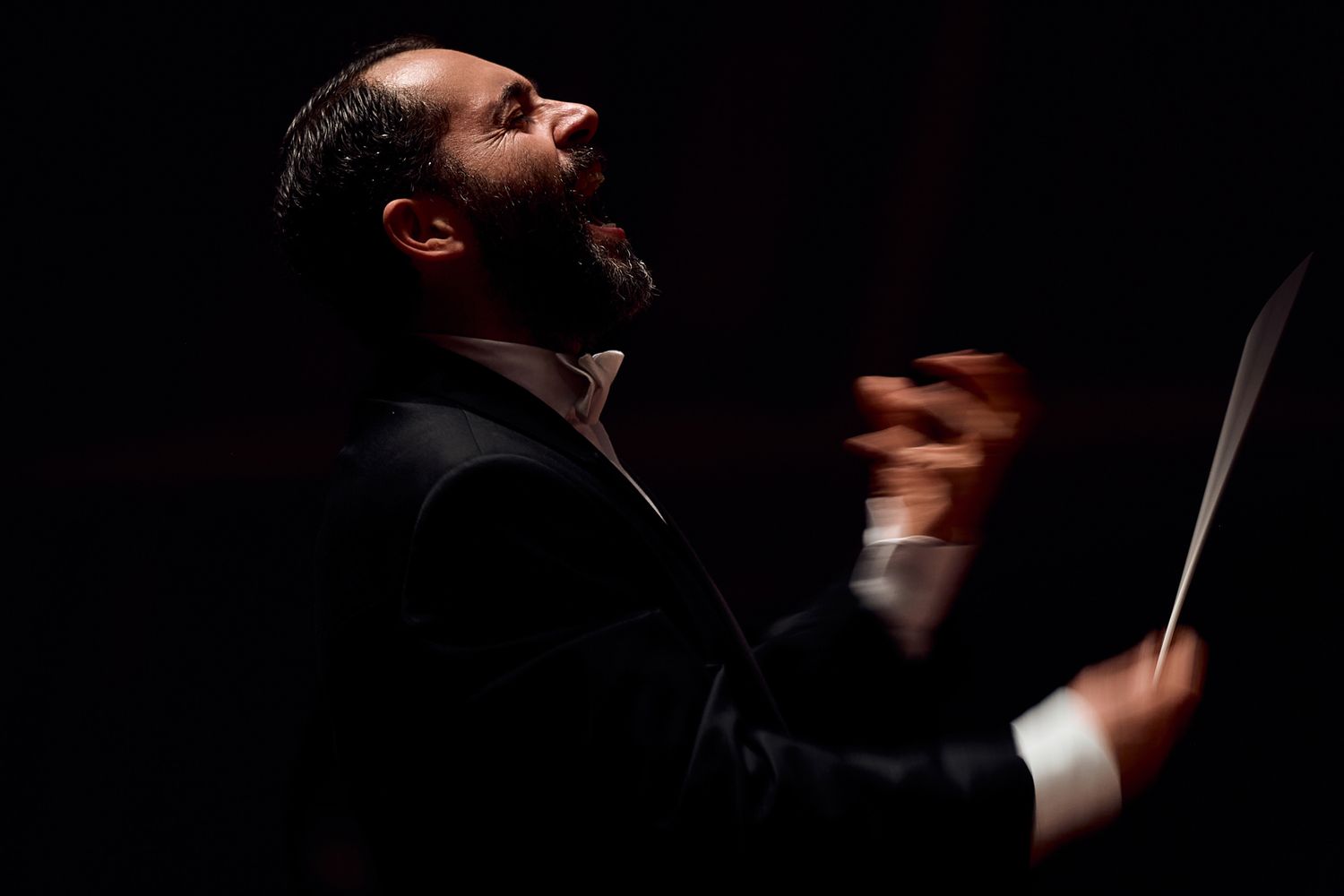 Symphony conductor gestures dramatically while leading orchestra in dark concert hall.