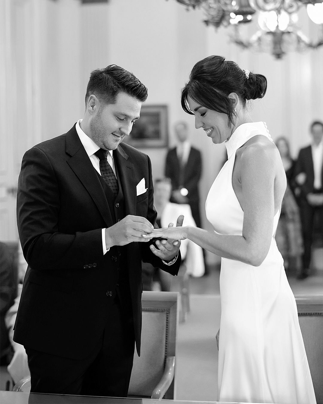 Black and white sequence of a couple during their wedding ceremony.
