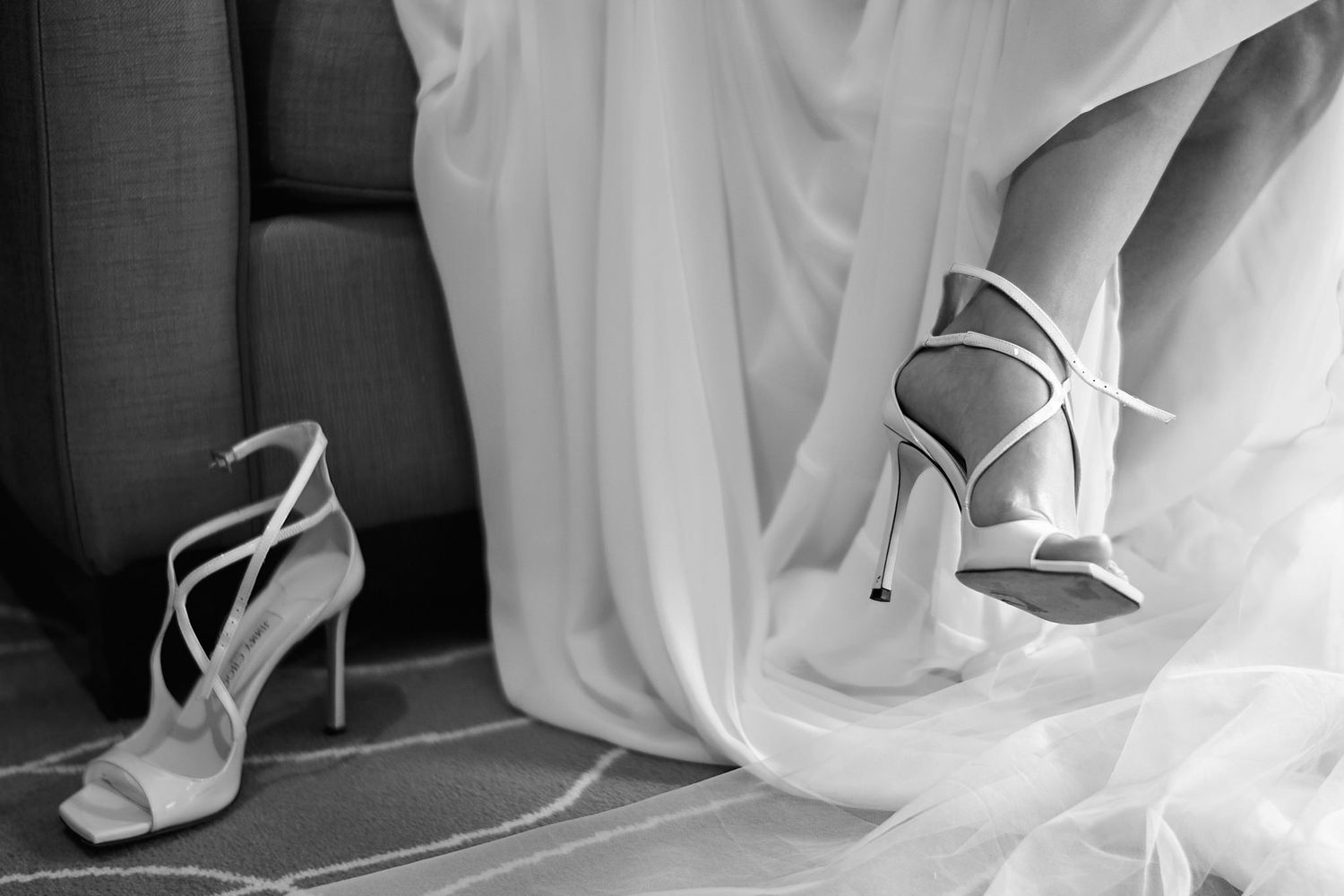 Elegant white wedding shoes arranged in a sequence of artistic detail shots.