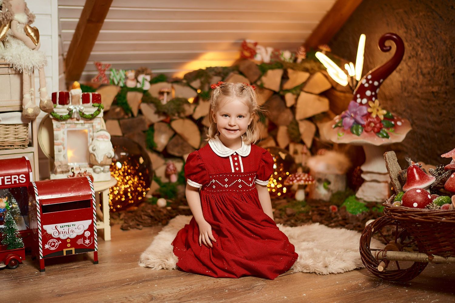Young girl in red dress smiling in festive Christmas decorated room with gifts, lights, and holiday decor.