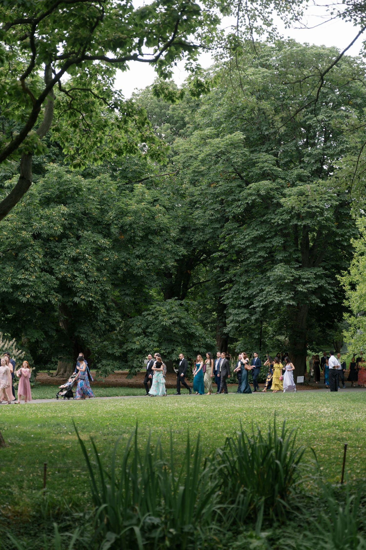 Wedding guests in formal attire mingle on a lush green lawn surrounded by tall trees during an outdoor garden ceremony.