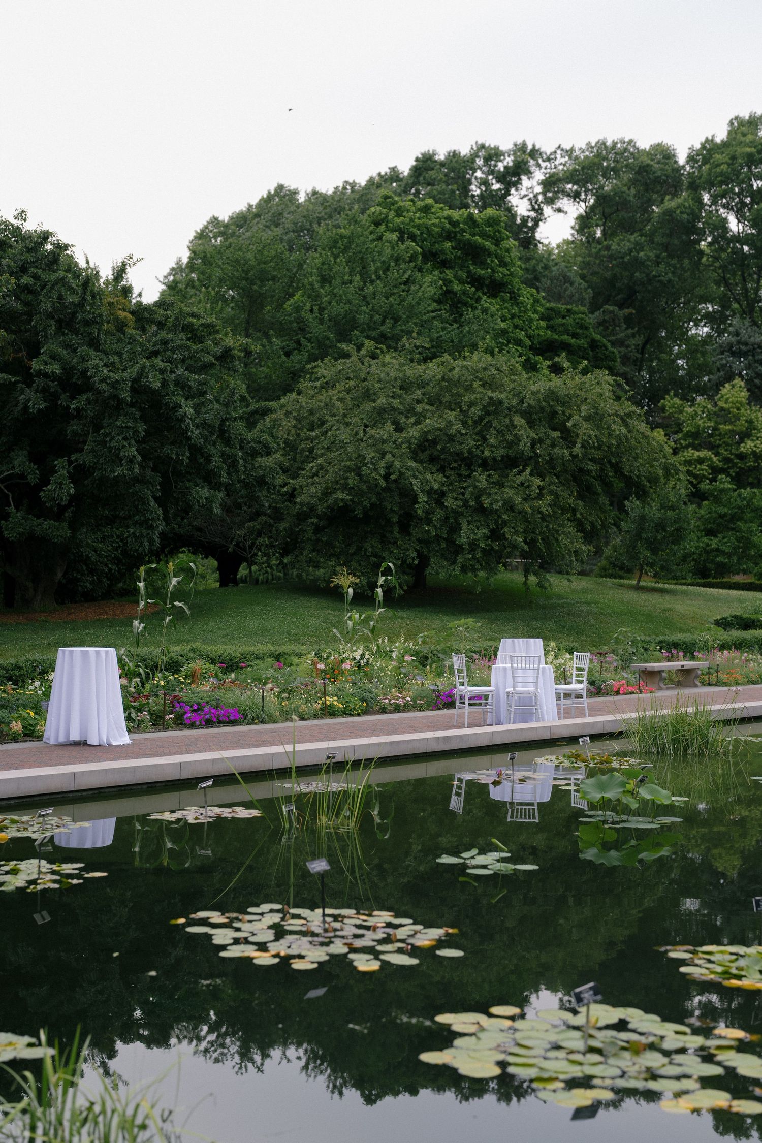 Serene outdoor wedding venue setup beside a lily pond reflecting white tables and lush garden trees.