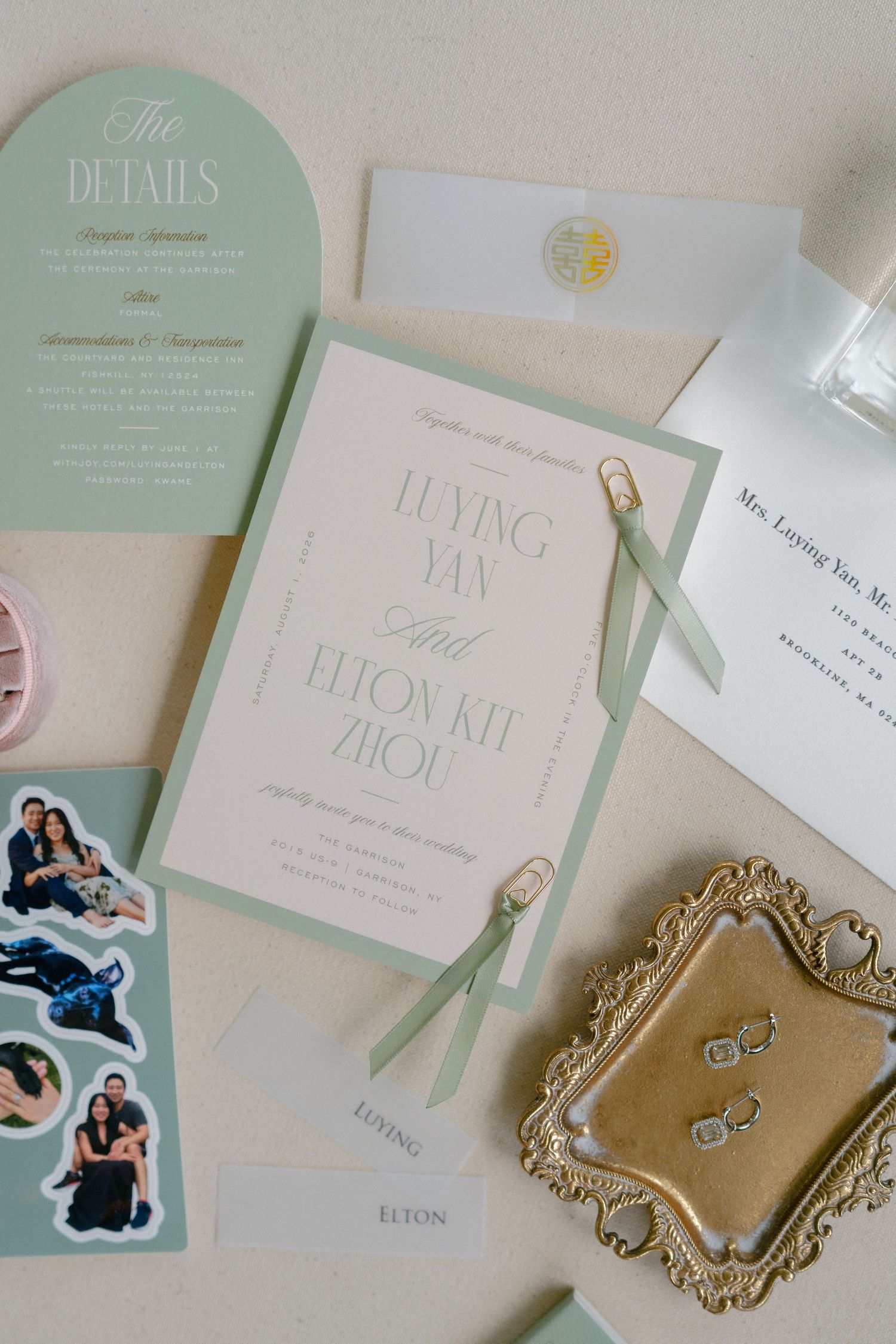 Elegant sage green and white wedding invitation suite with ribbon details, ring dish, and couple photos for Luying Yan and Elton Kit Zhou.