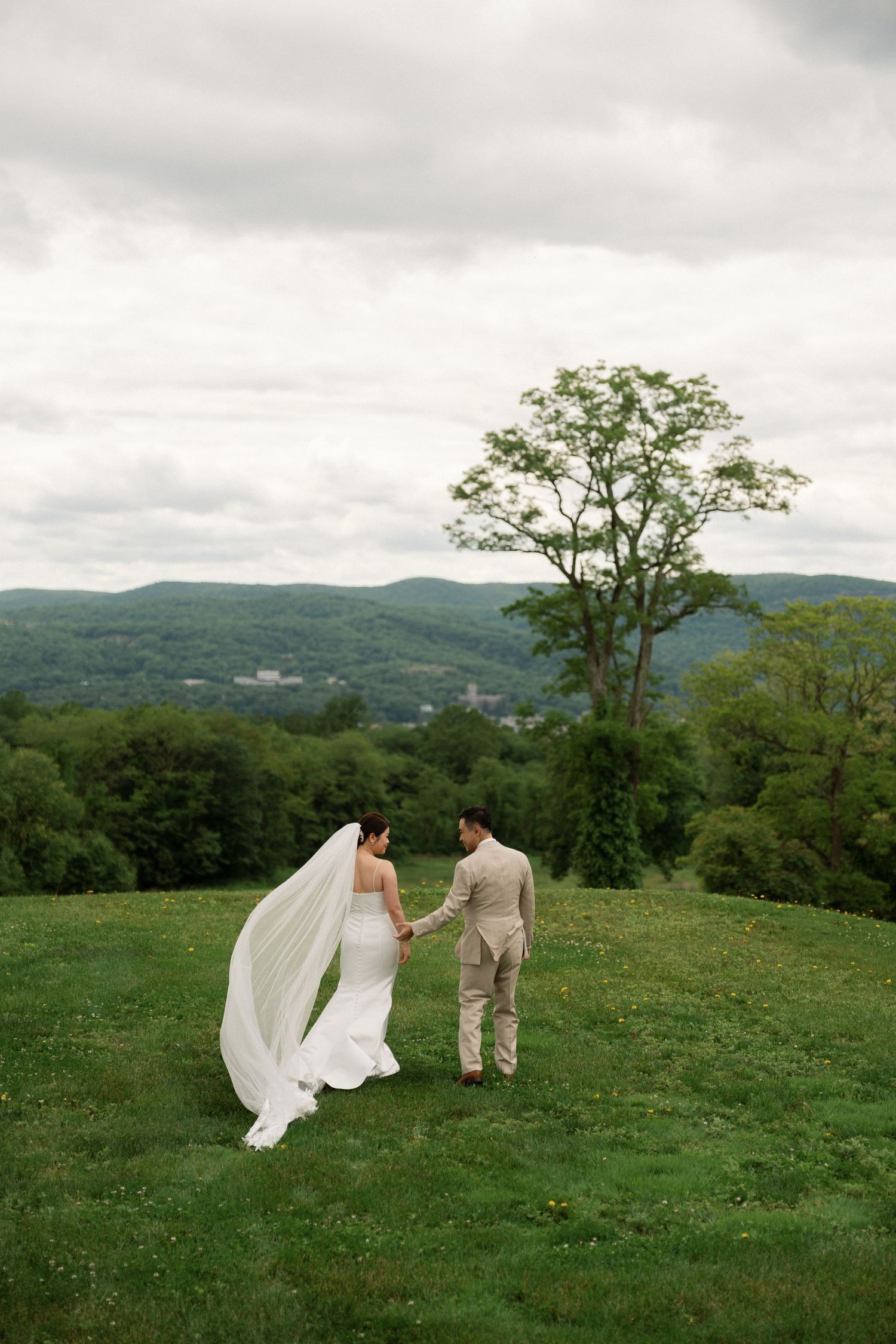 Bride and groom hold hands on a lush green hillside with mountain views and a flowing white veil on a cloudy day.
