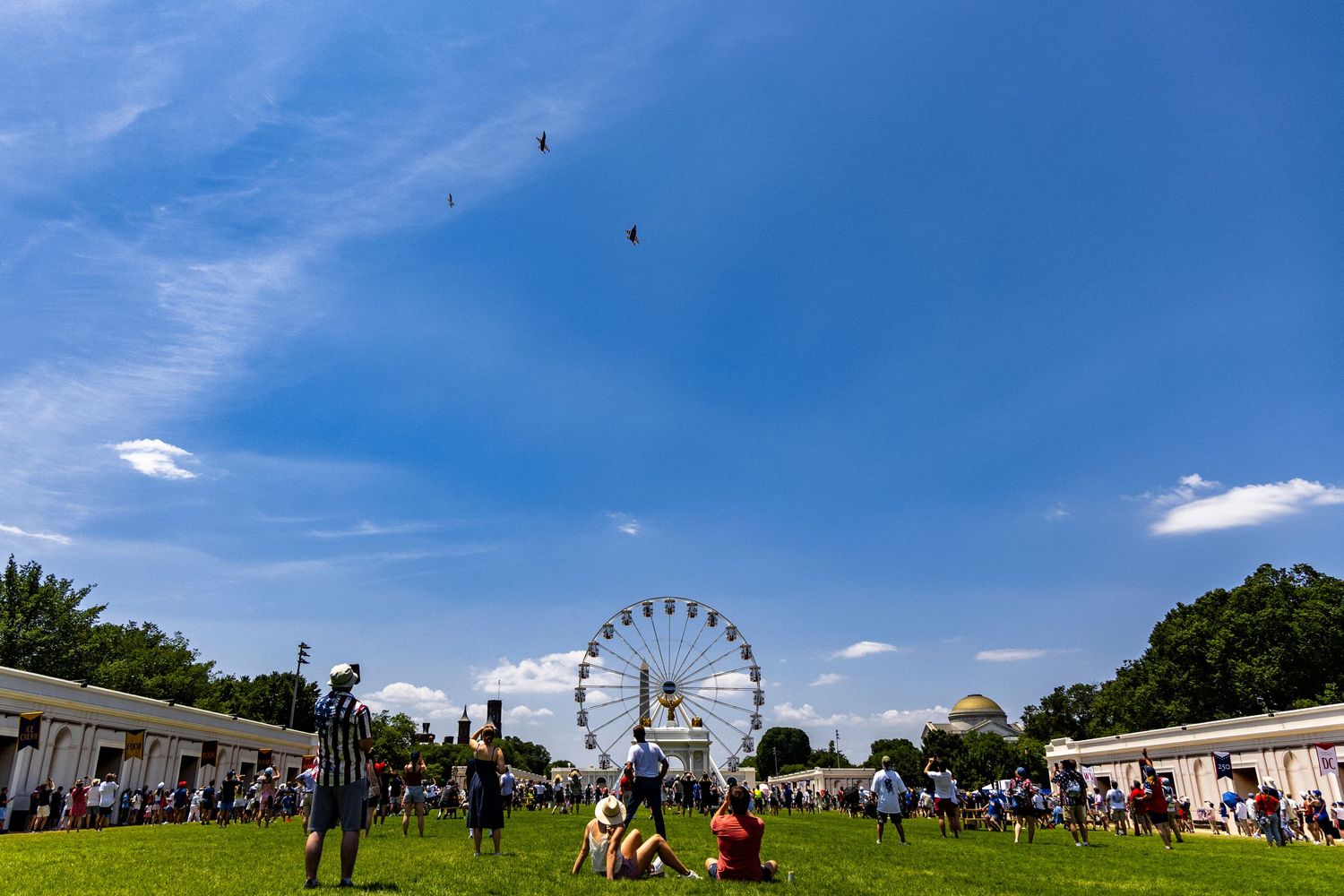F-16 fighter jets pass over The Great American State Fair on July 4th in celebration of Americas 250th birthday