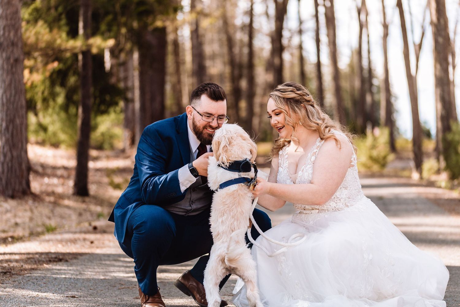Wedding party embraces and celebrates together outdoors in a sunlit forest setting with lush greenery.