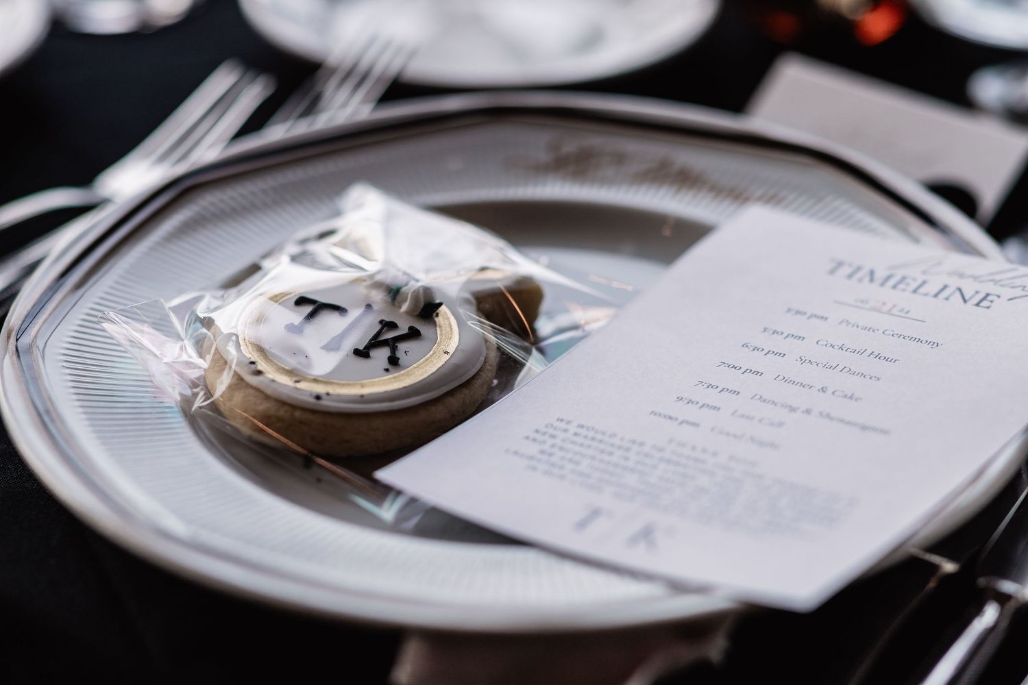 Reception plate with custom cookie and wedding day timeline at a small intimate wedding or micro wedding