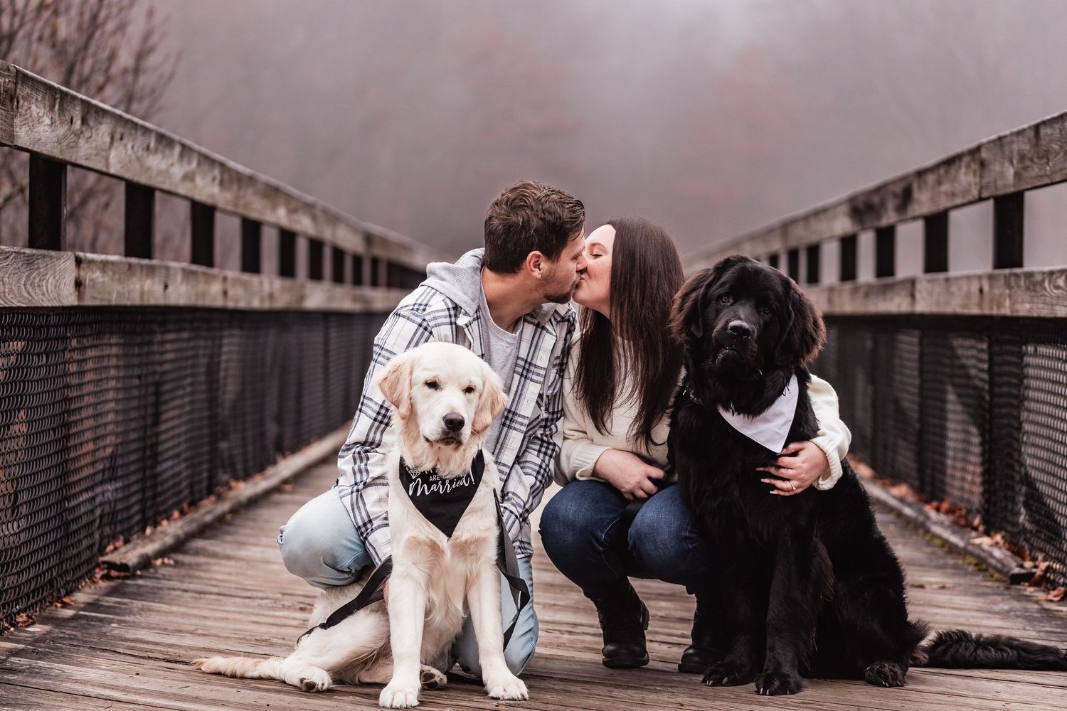 A collage of romantic couple photography scenes on a wooden bridge or walkway with moody lighting.