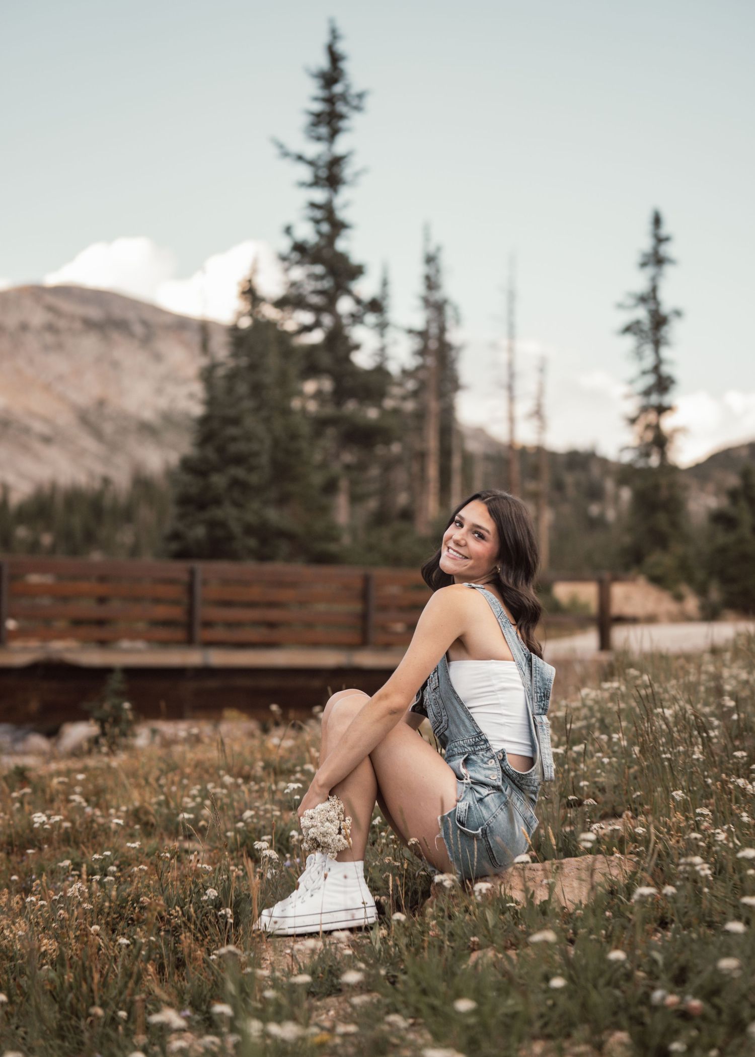 Person relaxing in wildflower meadow with mountain landscape backdrop.